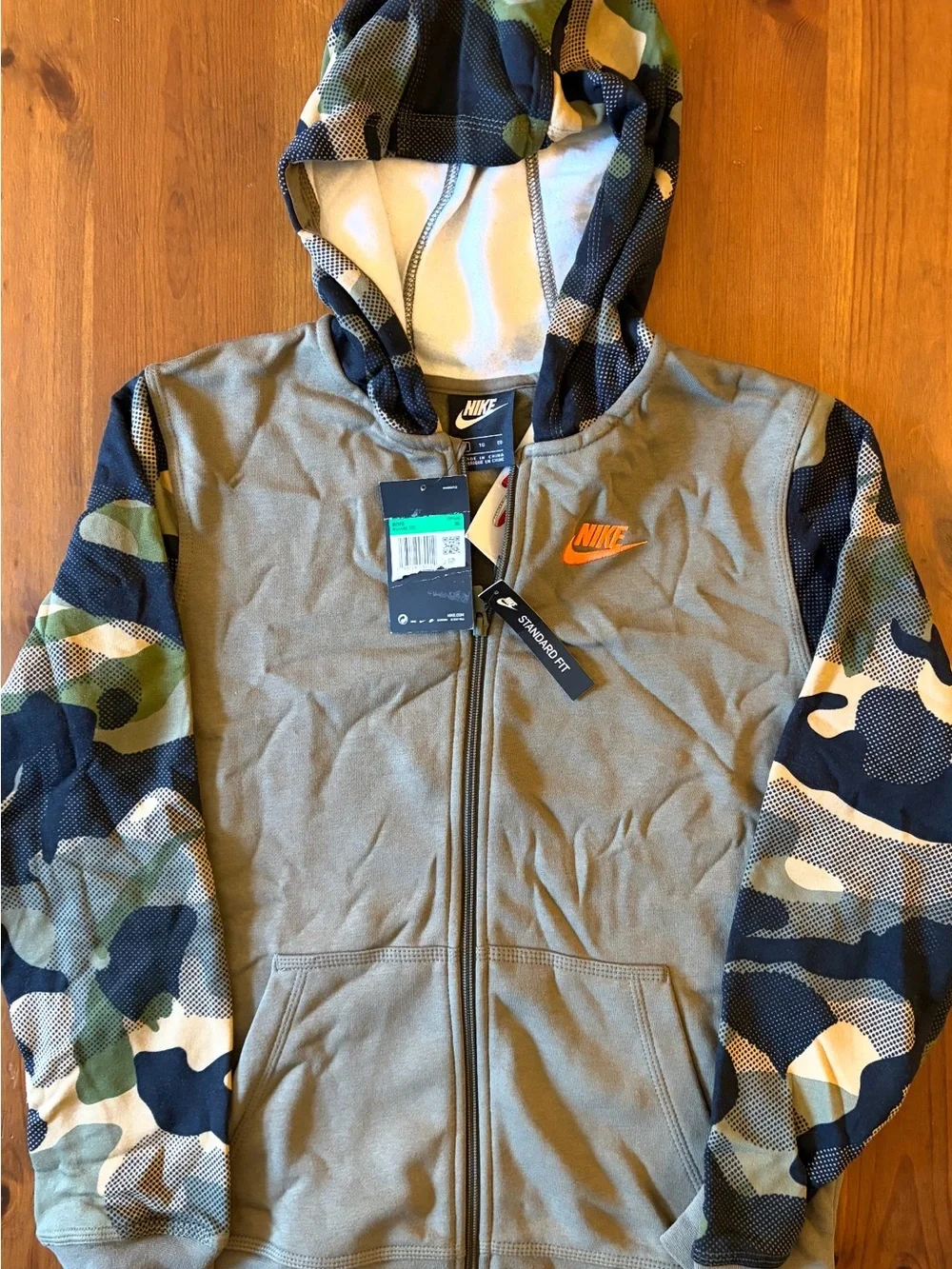 Nike Kids Olive Green Hoodie with Camo Sleeves